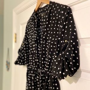 Polka dot tie-waist dress with roll tab sleeves